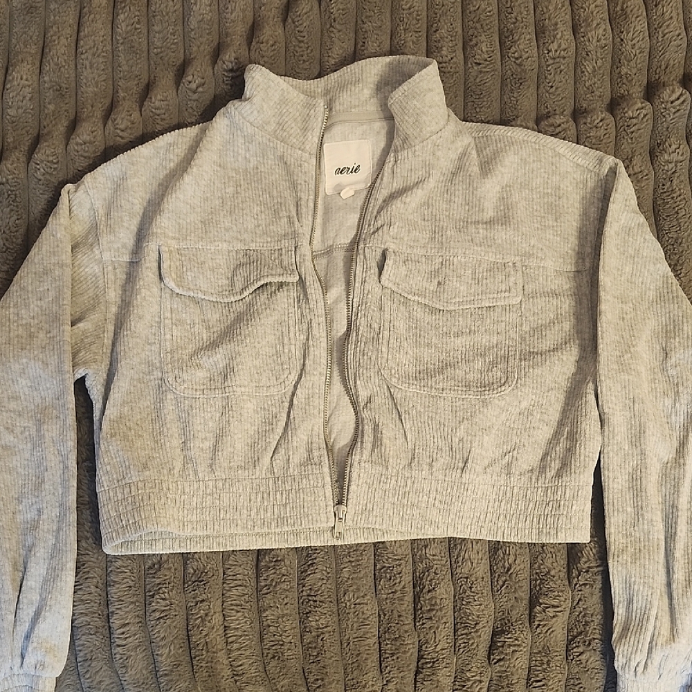 Aerie Light Gray Ribbed Cropped Jacket